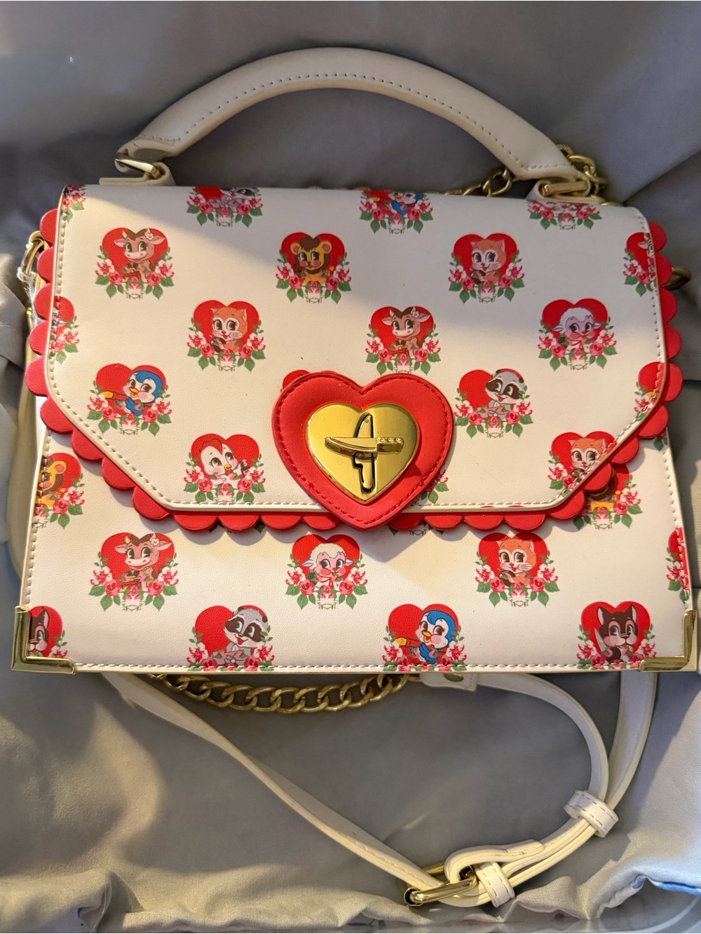 Loungefly White Satchel with Red Heart Motif and Gold Hardware